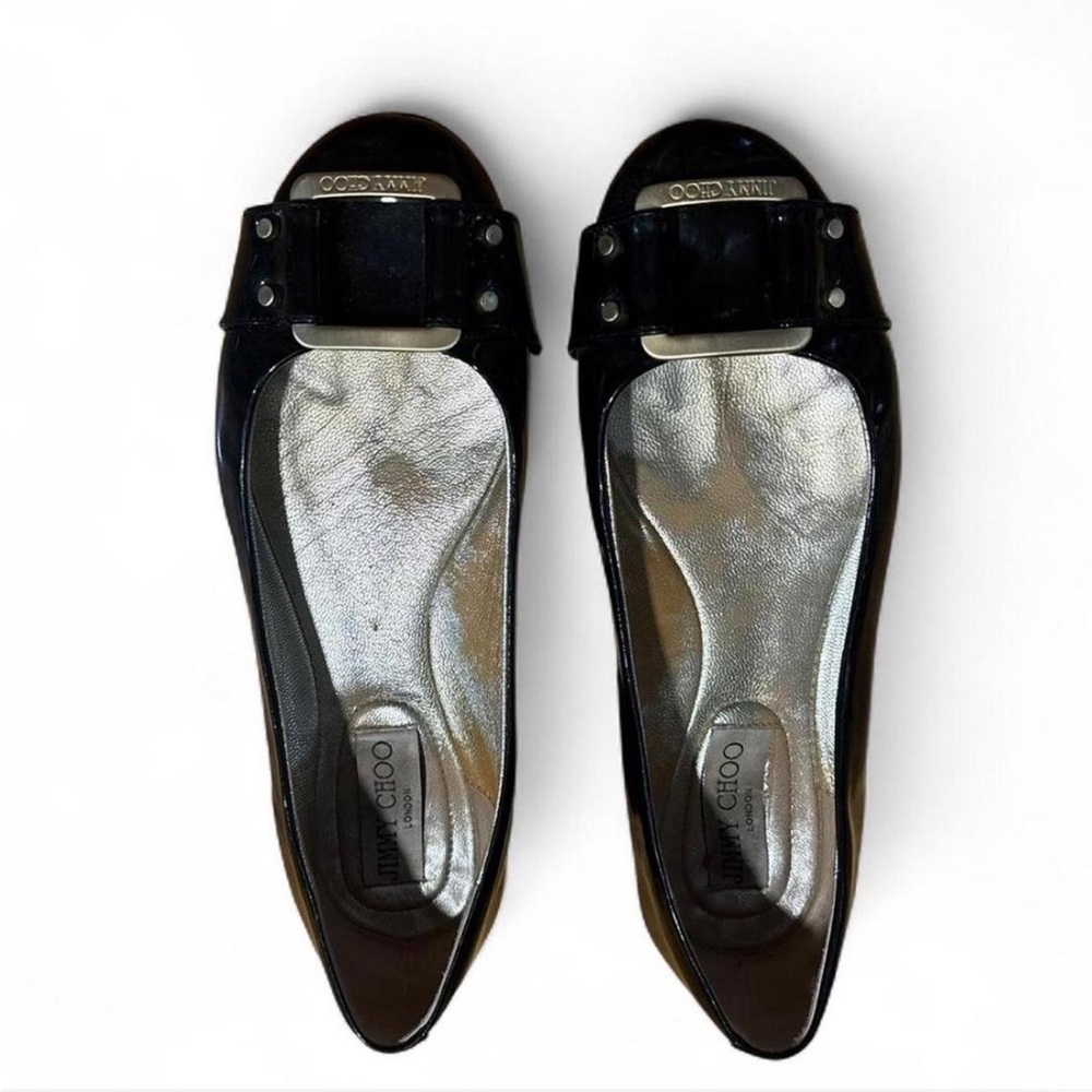 Jimmy Choo Black Patent Flats with Gold Accents